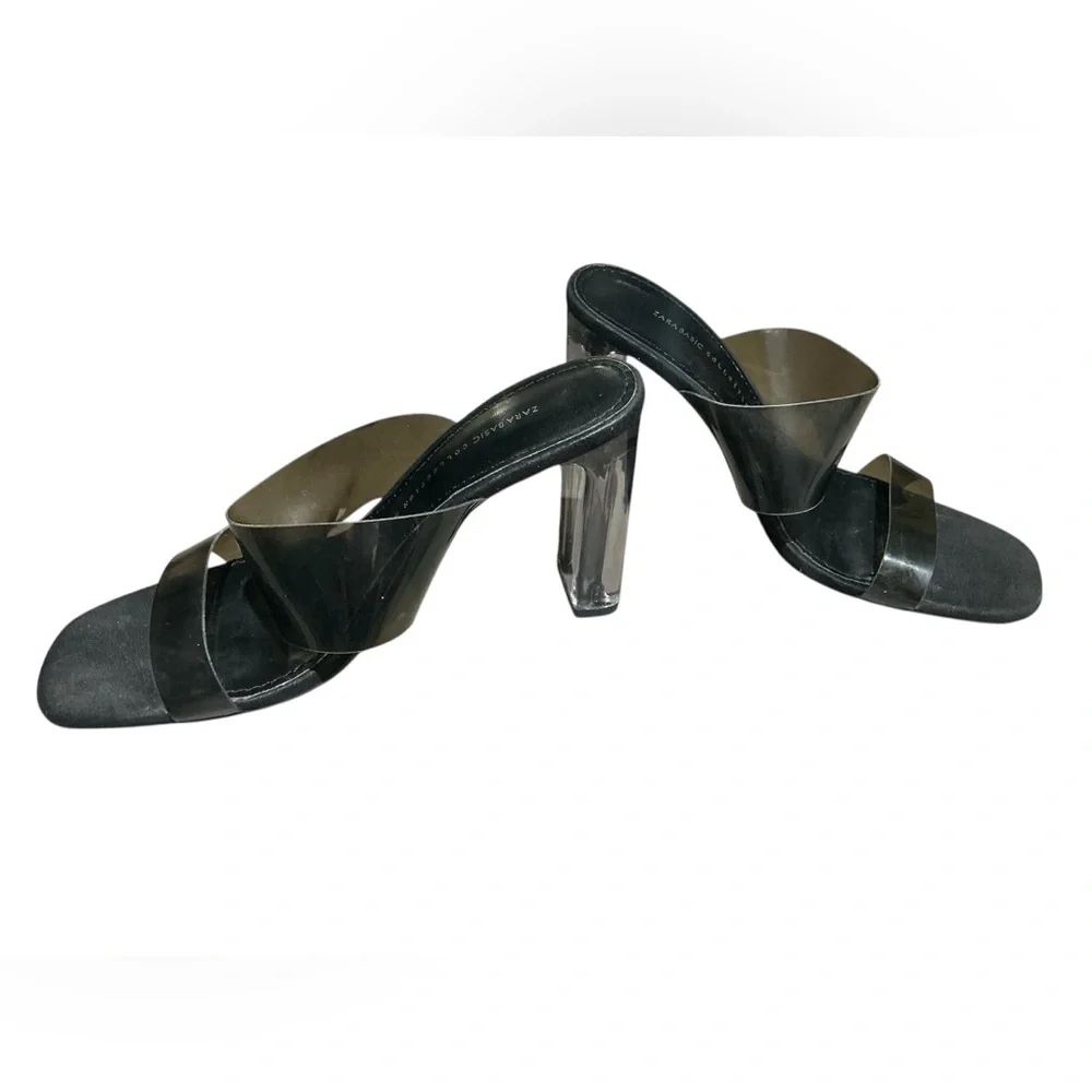 Zara Black Transparent Square Toes Vinyl Straps Square Sandals Size 39 US 8.5 - Picture 10 of 11